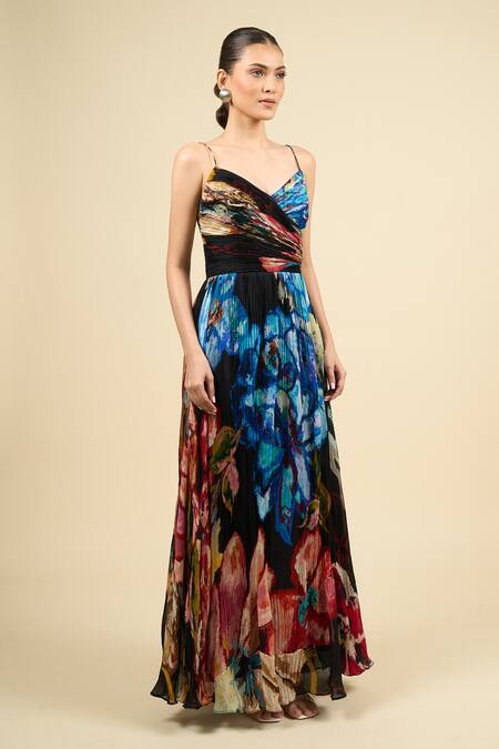 Shop_Saaksha & Kinni_Multi Color Chiffon V-neck Harlow Dress _Online_at_Aza_Fashions