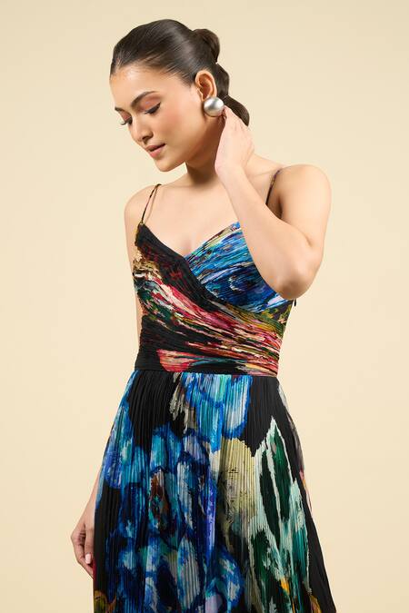 Saaksha & Kinni_Multi Color Chiffon V-neck Harlow Dress _at_Aza_Fashions