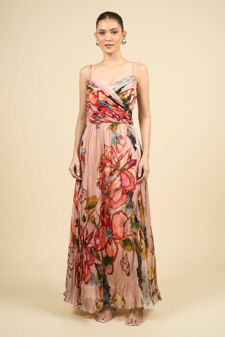 Shop Saaksha & Kinni Multi Color Chiffon V-neck Floral Print Harlow Dress Online at Aza Fashions Shop_Saaksha & Kinni_Multi Color Chiffon V-neck Floral Print Harlow Dress _Online_at_Aza_Fashions