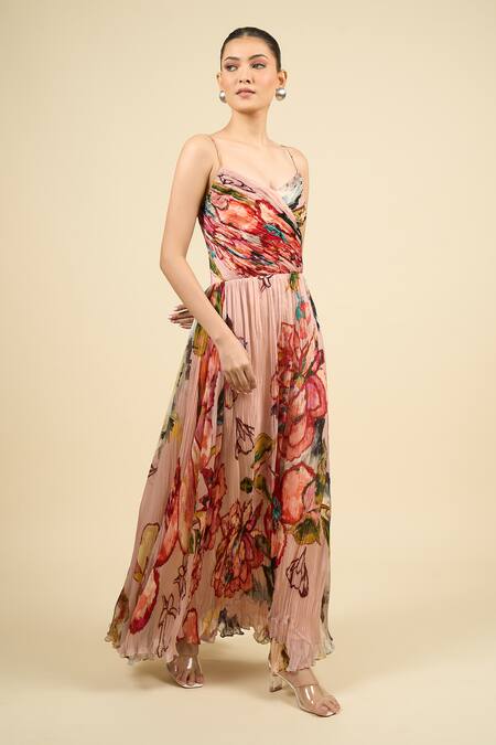 Saaksha & Kinni Multi Color Chiffon V-neck Floral Print Harlow Dress at Aza Fashions Saaksha & Kinni_Multi Color Chiffon V-neck Floral Print Harlow Dress _at_Aza_Fashions