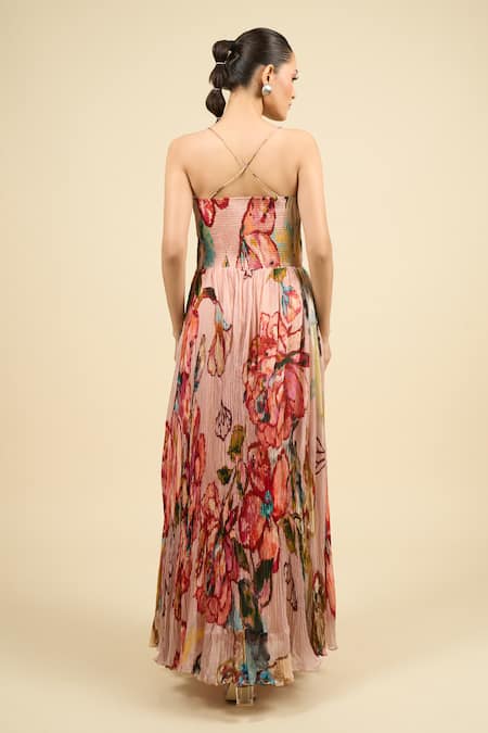 Shop Saaksha & Kinni Multi Color Chiffon V-neck Floral Print Harlow Dress at Aza Fashions Shop_Saaksha & Kinni_Multi Color Chiffon V-neck Floral Print Harlow Dress _at_Aza_Fashions