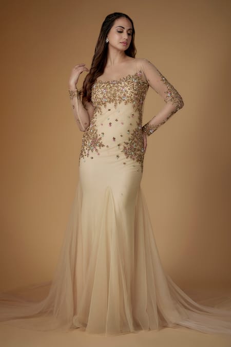 Shop FATIZ Gold Tulle, Lycra Sequins, Beads Square Neck Champagne Designer Gown With Veil Online at Aza Fashions Shop_FATIZ_Gold Tulle, Lycra Sequins, Beads Square Neck Champagne Designer Gown With Veil _Online_at_Aza_Fashions
