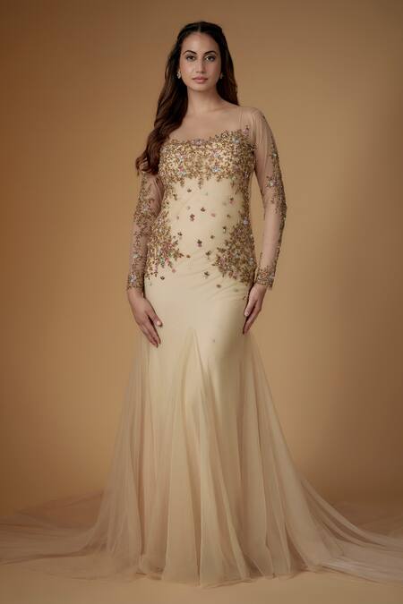FATIZ Gold Tulle, Lycra Sequins, Beads Square Neck Champagne Designer Gown With Veil at Aza Fashions FATIZ_Gold Tulle, Lycra Sequins, Beads Square Neck Champagne Designer Gown With Veil _at_Aza_Fashions