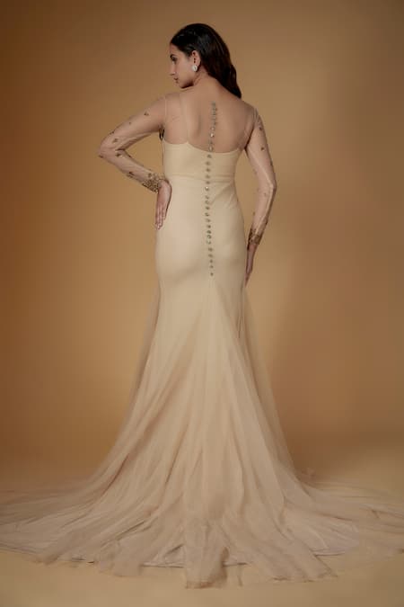 Shop FATIZ Gold Tulle, Lycra Sequins, Beads Square Neck Champagne Designer Gown With Veil at Aza Fashions Shop_FATIZ_Gold Tulle, Lycra Sequins, Beads Square Neck Champagne Designer Gown With Veil _at_Aza_Fashions