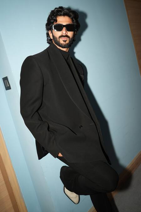 Mukti And Kavith Casa_Black Silk, Linen Tan Blossom Tuxedo Set _Online_at_Aza_Fashions