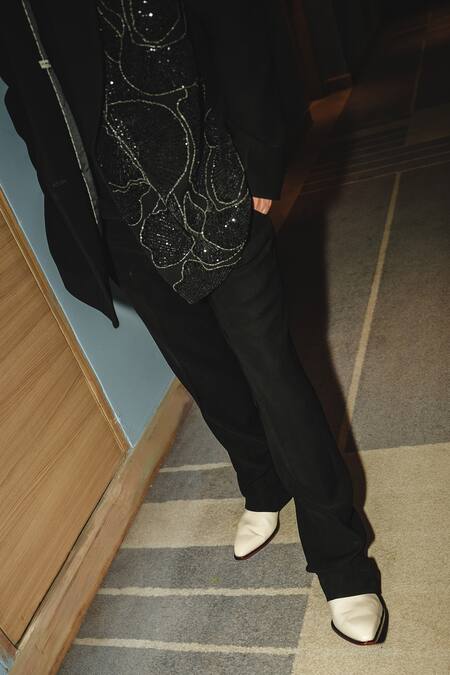 Buy_Mukti And Kavith Casa_Black Silk, Linen Tan Blossom Tuxedo Set _Online_at_Aza_Fashions