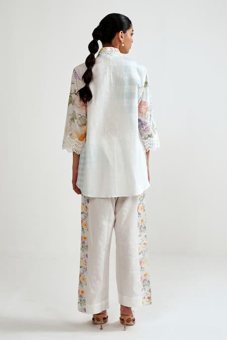 Shop Rainas Multi Color Cotton, Linen Embroidery, Lace Botanical Check Shirt And Pant Set at Aza Fashions Shop_Rainas_Multi Color Cotton, Linen Embroidery, Lace Botanical Check Shirt And Pant Set _at_Aza_Fashions