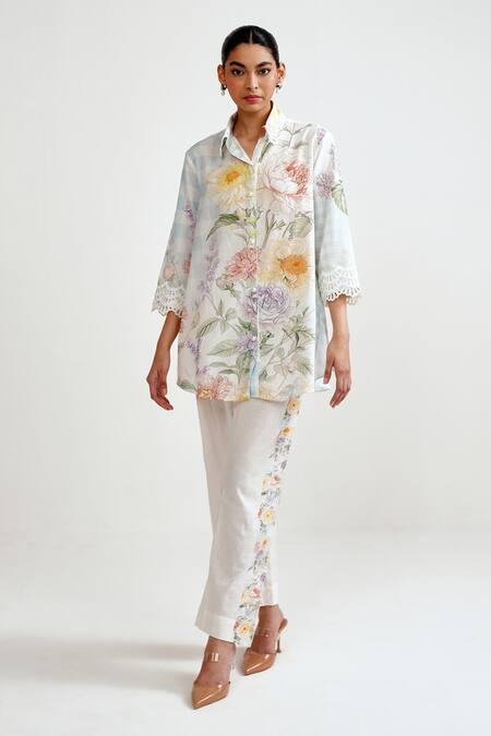 Rainas Multi Color Cotton, Linen Embroidery, Lace Botanical Check Shirt And Pant Set Online at Aza Fashions Rainas_Multi Color Cotton, Linen Embroidery, Lace Botanical Check Shirt And Pant Set _Online_at_Aza_Fashions
