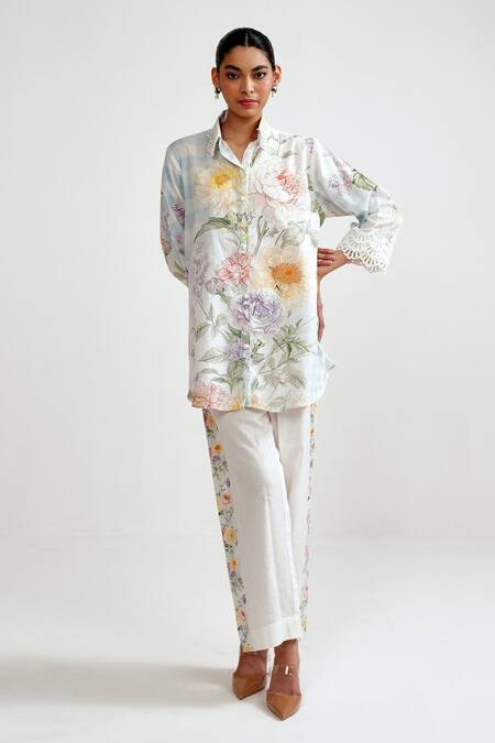 Buy Rainas Multi Color Cotton, Linen Embroidery, Lace Botanical Check Shirt And Pant Set Online at Aza Fashions Buy_Rainas_Multi Color Cotton, Linen Embroidery, Lace Botanical Check Shirt And Pant Set _Online_at_Aza_Fashions
