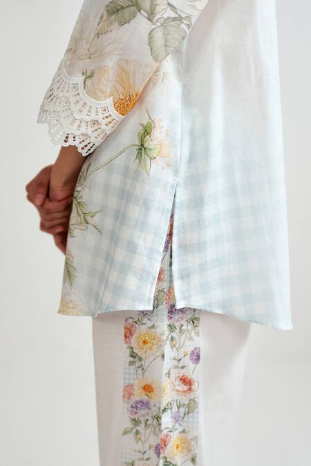 Shop Rainas Multi Color Cotton, Linen Embroidery, Lace Botanical Check Shirt And Pant Set Online at Aza Fashions Shop_Rainas_Multi Color Cotton, Linen Embroidery, Lace Botanical Check Shirt And Pant Set _Online_at_Aza_Fashions