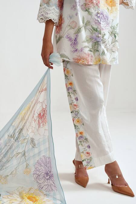 Rainas Multi Color Cotton, Linen Embroidery, Lace Botanical Check Shirt And Pant Set at Aza Fashions Rainas_Multi Color Cotton, Linen Embroidery, Lace Botanical Check Shirt And Pant Set _at_Aza_Fashions