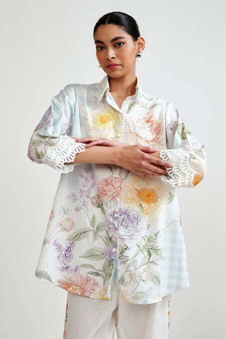 Buy Rainas Multi Color Cotton, Linen Embroidery, Lace Botanical Check Shirt And Pant Set Buy_Rainas_Multi Color Cotton, Linen Embroidery, Lace Botanical Check Shirt And Pant Set