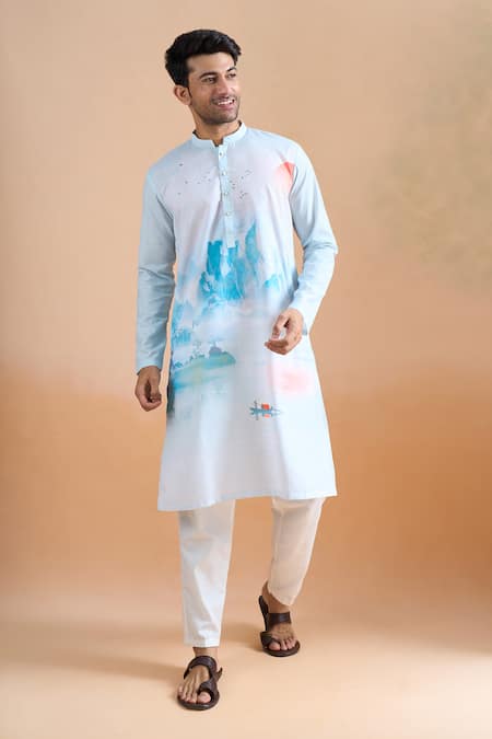 Arihant Rai Sinha Digital Print Blue Kurta & Cream Pant Set 