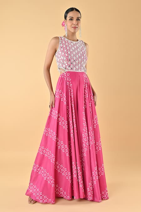 Keith Gomes Pink Chiffon, Crepe Embroidery Round Neck Designer Jumpsuit With Cutouts 