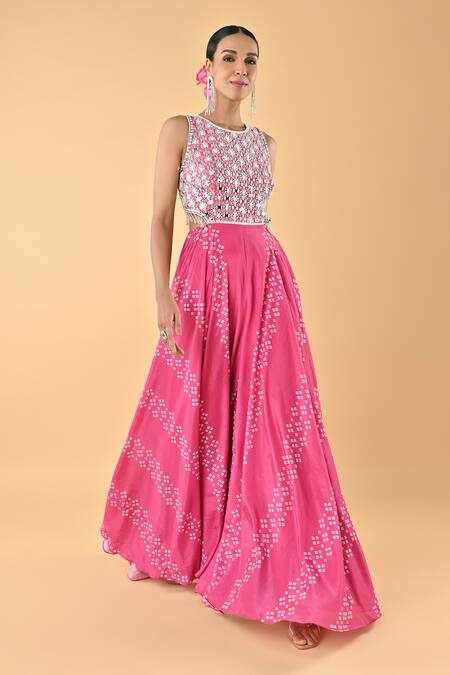 Keith Gomes_Pink Chiffon, Crepe Embroidery Round Neck Designer Jumpsuit With Cutouts _Online_at_Aza_Fashions
