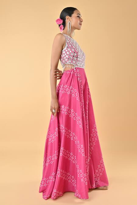 Buy_Keith Gomes_Pink Chiffon, Crepe Embroidery Round Neck Designer Jumpsuit With Cutouts _Online_at_Aza_Fashions