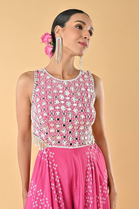 Shop_Keith Gomes_Pink Chiffon, Crepe Embroidery Round Neck Designer Jumpsuit With Cutouts _Online_at_Aza_Fashions