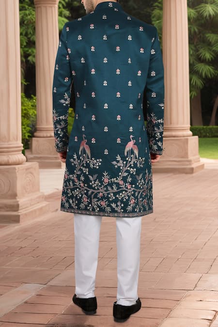 Arihant Rai Sinha Embroidered Blue Silk Blend Sherwani & White Pant