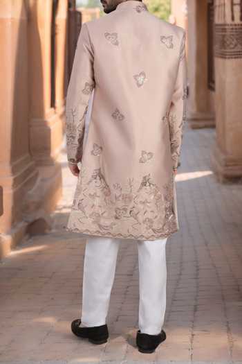 Shop Arihant Rai Sinha Pink Silk, Polyester, Viscose Embroidery, Metallic Thread Work Sherwani Set at Aza Fashions Shop_Arihant Rai Sinha_Pink Silk, Polyester, Viscose Embroidery, Metallic Thread Work Sherwani Set _at_Aza_Fashions