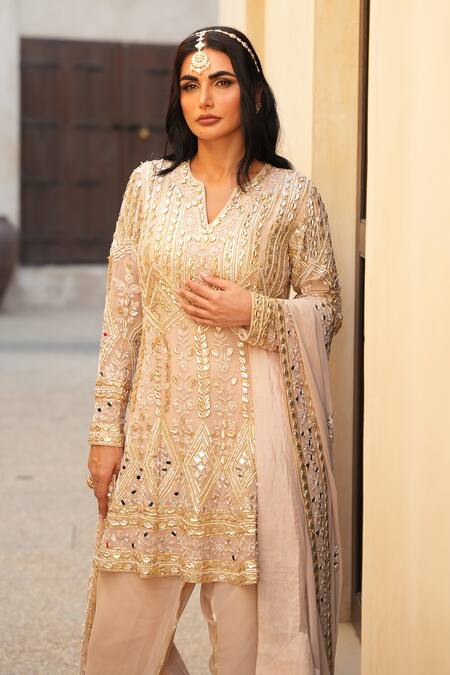 Shian_Beige Crepe, Georgette Sequins, Embroidery Split V-neck Anarkali Set _Online_at_Aza_Fashions