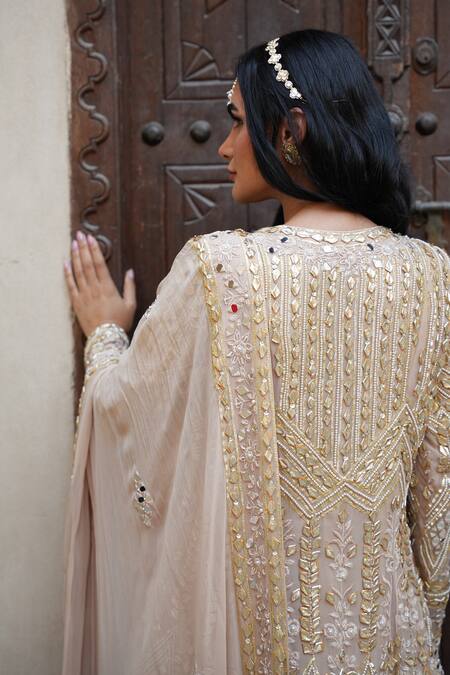 Buy_Shian_Beige Crepe, Georgette Sequins, Embroidery Split V-neck Anarkali Set _Online_at_Aza_Fashions