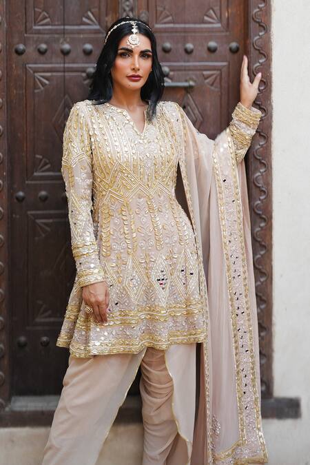 Shian_Beige Crepe, Georgette Sequins, Embroidery Split V-neck Anarkali Set _at_Aza_Fashions