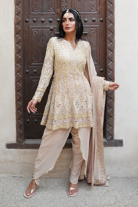 Shian Beige Embroidered Anarkali Set 