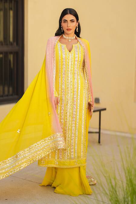Shian_Yellow Georgette Sequins, Embroidery V-neck Sunshine Designer Kurta Sharara Set _Online_at_Aza_Fashions