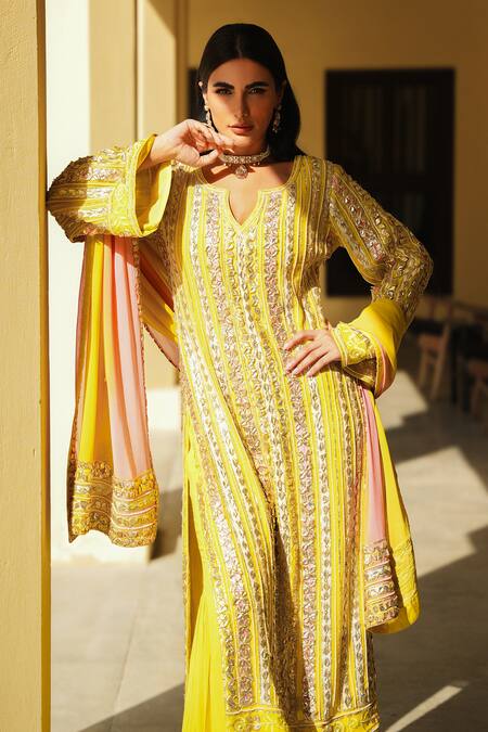 Buy_Shian_Yellow Georgette Sequins, Embroidery V-neck Sunshine Designer Kurta Sharara Set _Online_at_Aza_Fashions