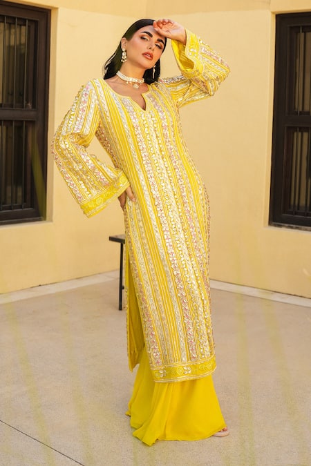 Shop_Shian_Yellow Georgette Sequins, Embroidery V-neck Sunshine Designer Kurta Sharara Set _Online_at_Aza_Fashions