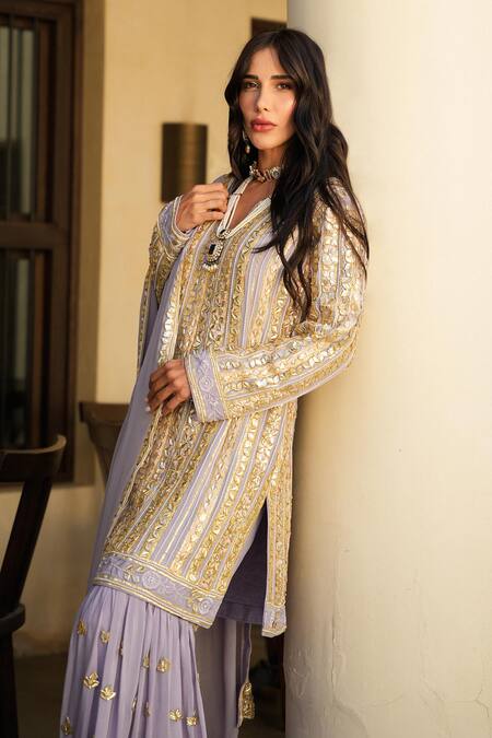 Shian_Lavender Crepe, Georgette Embroidery, Zari Round Neck Kurta Gharara Set _Online_at_Aza_Fashions