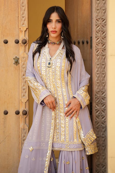 Buy_Shian_Lavender Crepe, Georgette Embroidery, Zari Round Neck Kurta Gharara Set _Online_at_Aza_Fashions