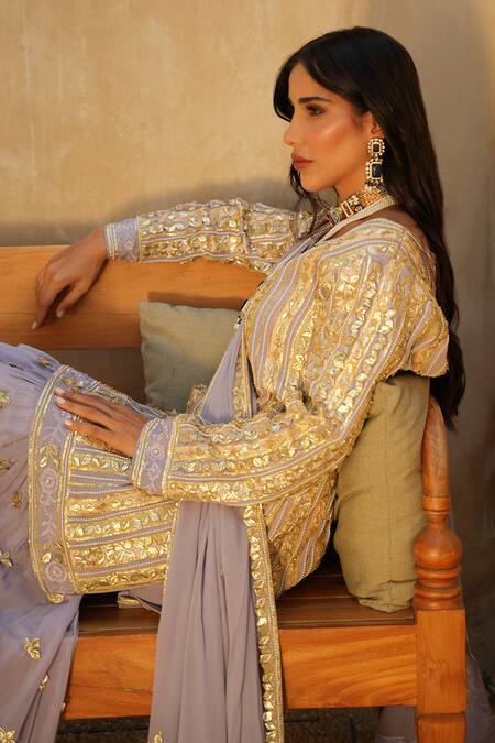 Shop_Shian_Lavender Crepe, Georgette Embroidery, Zari Round Neck Kurta Gharara Set _Online_at_Aza_Fashions