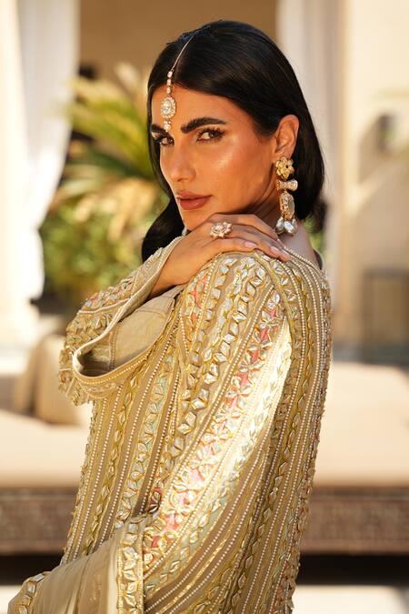 Shian_Beige Georgette Sequins, Embroidery Split V-neck Kurta Set _Online_at_Aza_Fashions