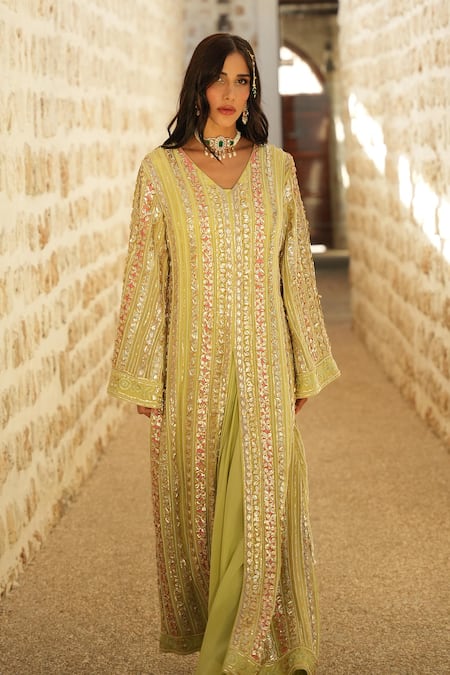 Shian Mint Green Designer Jacket & Draped Skirt 