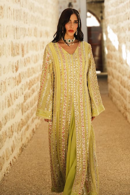 Shian_Mint Georgette Sequins, Embroidery V-neck Green Designer Jacket And Draped Skirt _Online_at_Aza_Fashions