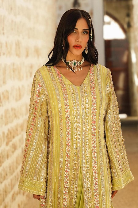 Shop_Shian_Mint Georgette Sequins, Embroidery V-neck Green Designer Jacket And Draped Skirt _Online_at_Aza_Fashions