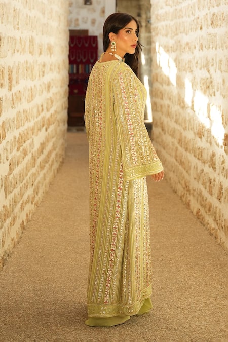 Shian_Mint Georgette Sequins, Embroidery V-neck Green Designer Jacket And Draped Skirt _at_Aza_Fashions