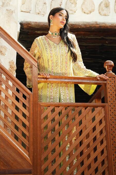 Buy_Shian_Mint Georgette Sequins, Embroidery V-neck Green Designer Jacket And Draped Skirt 