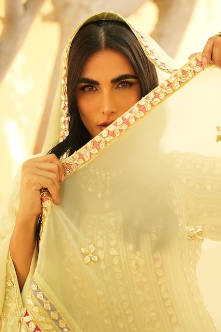 Shian_Mint Georgette Embroidery Round Neck Green Kurta Gharara Set _Online_at_Aza_Fashions