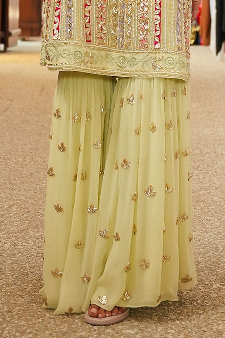 Buy_Shian_Mint Georgette Embroidery Round Neck Green Kurta Gharara Set _Online_at_Aza_Fashions