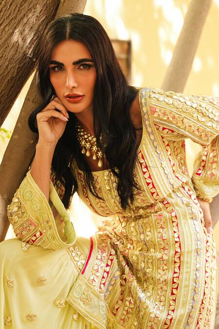 Shop_Shian_Mint Georgette Embroidery Round Neck Green Kurta Gharara Set _Online_at_Aza_Fashions