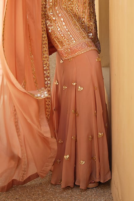 Shian Pink Georgette Embroidery, Sequins Round Neck Salmon Kurta Sharara Set Online at Aza Fashions Shian_Pink Georgette Embroidery, Sequins Round Neck Salmon Kurta Sharara Set _Online_at_Aza_Fashions
