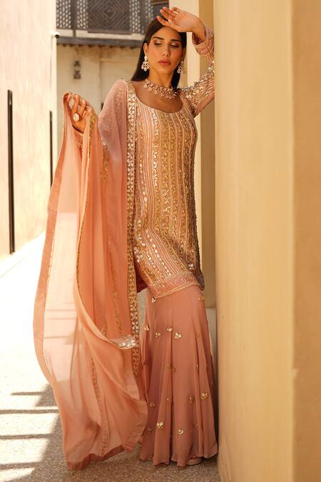 Buy_Shian_Pink Georgette Embroidery, Sequins Round Neck Salmon Kurta Sharara Set _Online_at_Aza_Fashions