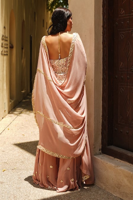 Shian Salmon Pink Embroidered Kurta Sharara Set 