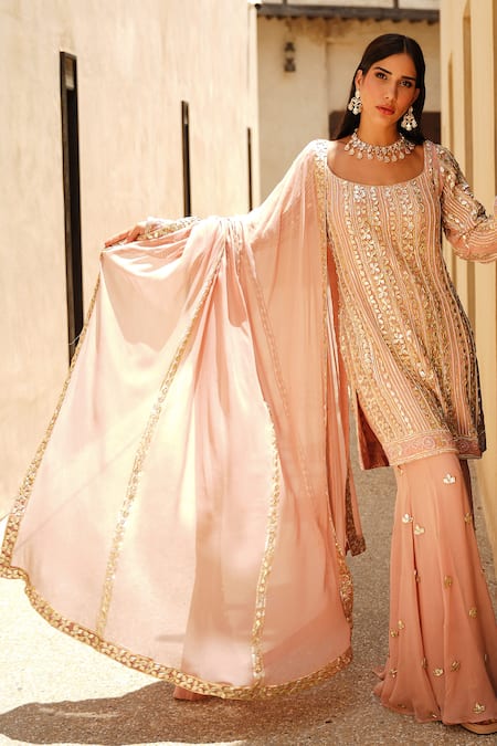 Shian Salmon Pink Embroidered Kurta Sharara Set 