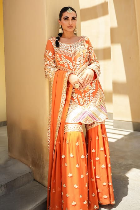 Shian Rust Orange Embroidered Kurta Set 