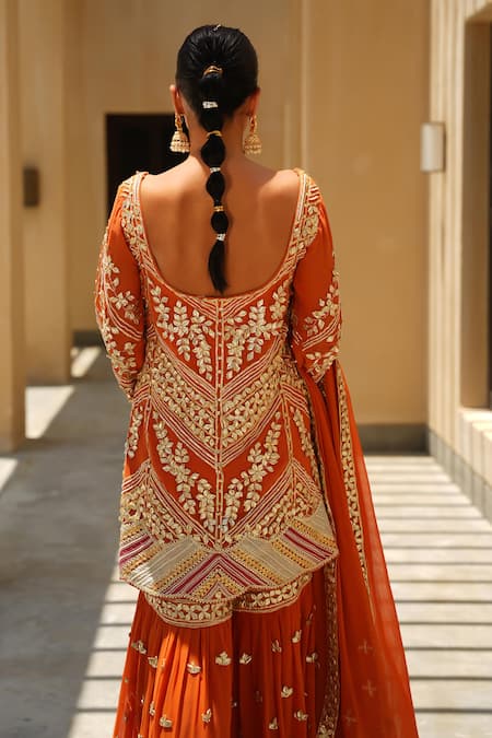 Shian_Rust Georgette Embroidery Scoop Neck Orange Kurta Set _at_Aza_Fashions