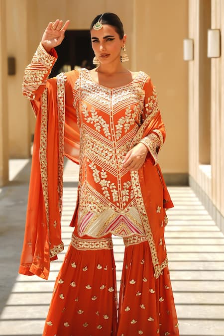 Shop_Shian_Rust Georgette Embroidery Scoop Neck Orange Kurta Set 