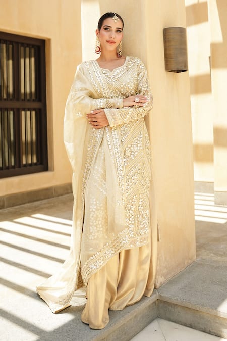 Shian Golden Embroidered Kurta Sharara Set 
